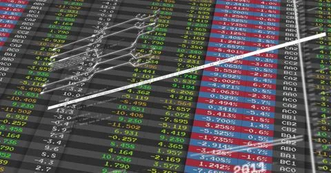 Displaying white ascending line chart arrow crossing trading dashboard, with Illustrazione stock