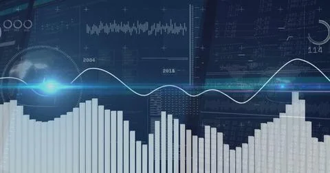 Displaying white bar chart spanning bottom of data dashboard, with translucent イラスト素材