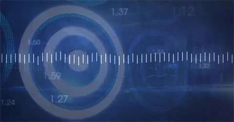 Displaying white bar with ticks spanning dark blue interface, with circle Illustrazione stock