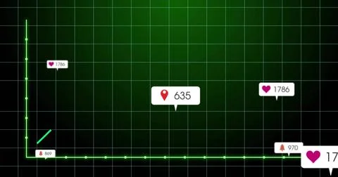 Displaying white callout with red map-pin icon in analytics grid, with green Stock Photos