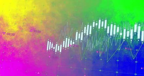 Displaying white candlestick bars, jagged line graphs, grid nodes and time Stock Photos