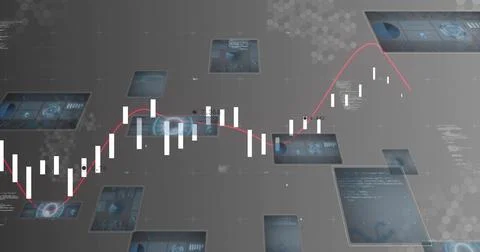Displaying white candlestick bars tracing red smoothed trend line on dark grid, Stock Illustration