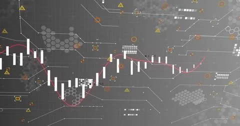 Displaying white candlestick bars tracking red trend line on financial Stock Photos