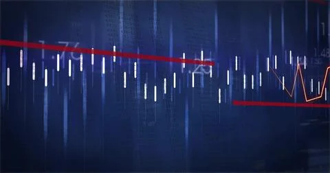 Displaying white candlestick bars on trading screen with red trendlines and Stock Illustration