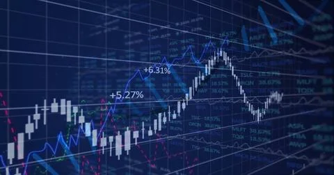 Displaying white candlestick chart and line graphs on trading grid interface, Stock Illustration