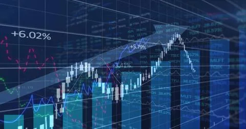 Displaying white candlestick chart with blue volume bars and colored dashed Stock Illustration