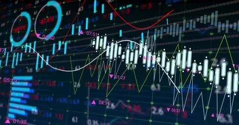 Displaying white candlestick chart with line graphs, blue volume bars and neon Stock Illustration
