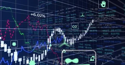 Displaying white candlestick chart rising on trading dashboard, showing blue イラスト素材
