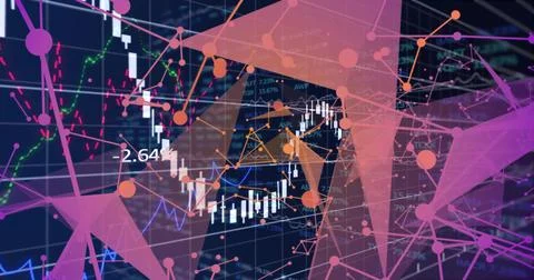 Displaying white candlesticks with color line graphs on dark grid dashboard, Stock Illustration