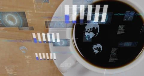 Displaying white ceramic coffee cup and saucer reflecting AR data on light wood Stockfoto's