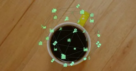 Displaying white ceramic coffee mug with floating green financial icon network Stock Photos