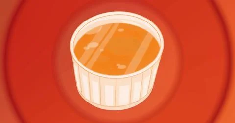 Displaying white ceramic ramekin holding orange liquid on red concentric Stock Illustration