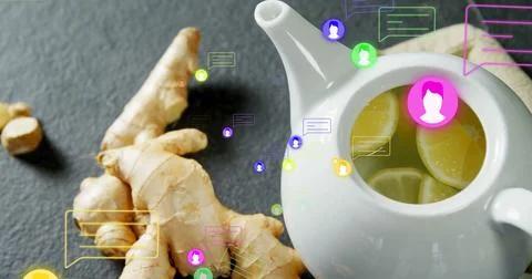 Displaying white ceramic teapot brewing lemon-ginger tea on tabletop with chat Stock Illustration