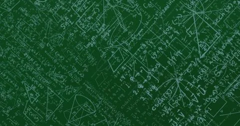 Displaying white chalk formulas and shapes across green chalkboard in classroom, Stock Illustration