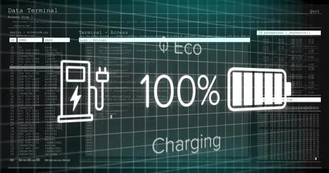 Displaying white charging status graphic indicating full battery on terminal, Stock Illustration