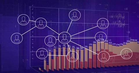Displaying white circle user icons connecting lines on analytics dashboard, with Stock Illustration