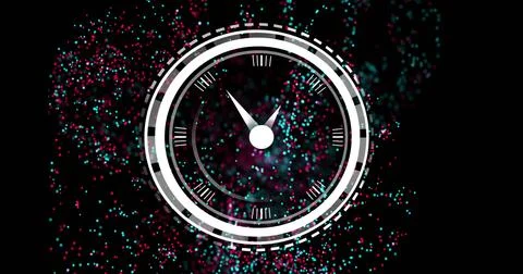 Displaying white circular clock dial with triangular hand on black backdrop, Illustrazione stock