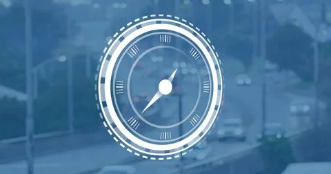 Displaying white circular compass HUD overlaying center of blurred highway, Stock Photos