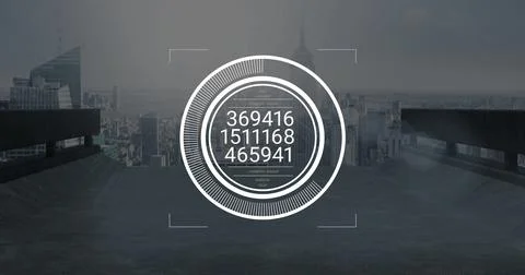 Displaying white circular HUD interface overlaying data rings on rooftop with Stock Photos