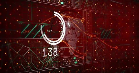 Displaying white circular indicator 138 over dotted world map on dark red UI, Stock Illustration