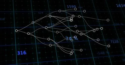Displaying white circular nodes connecting across virtual teal-blue grid plane, Illustrazione stock