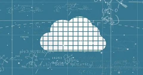 Displaying white cloud icon showing tiled grid on teal blueprint with formulas, Stock Illustration