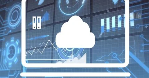 Displaying white cloud icon sitting inside simplified laptop outline on blue Stock Illustration