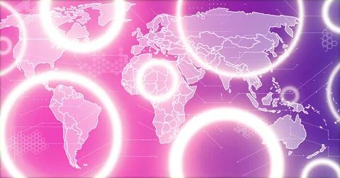 Displaying white-contour global map centered on pink-purple gradient, showing Stock Illustration