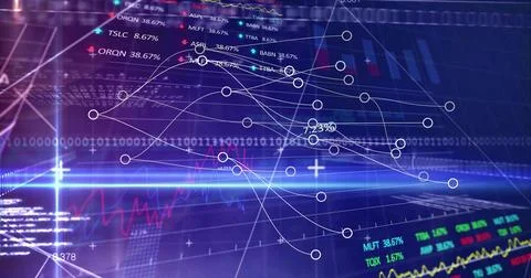Displaying white curved trend lines with nodes moving across trading dashboard Stock Illustration