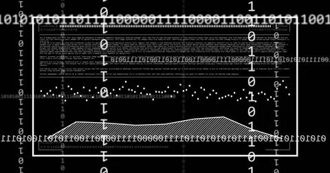Displaying white data frame on dashboard, with floating binary digits, area Stock Photos
