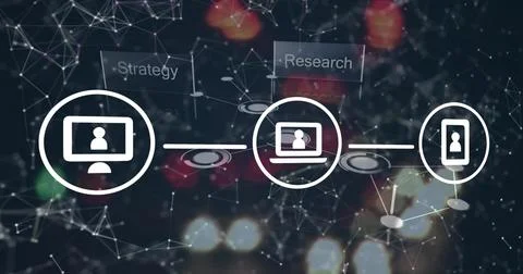 Displaying white device icons connecting on dark node grid plane, with Strategy Stock Illustration