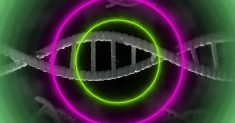 Displaying white DNA helix spanning digital studio featuring neon green and pink Stock Illustration