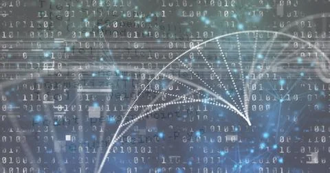 Displaying white dotted arc sweeping through digital space, with binary digits 스톡 사진