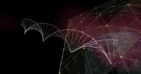 Displaying white dotted helix weaving via virtual 3D space, with prism and Illustrazione stock
