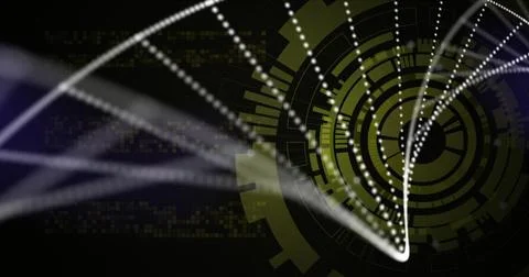 Displaying white dotted lines and green segmented gear swirling across digital Illustrazione stock