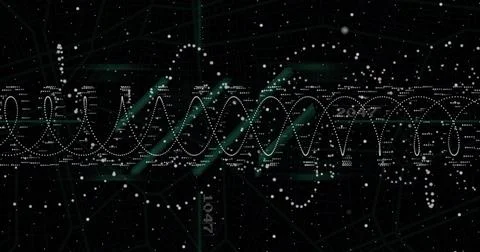 Displaying white-dotted waveform loops spanning digital grid, with green 스톡 일러스트