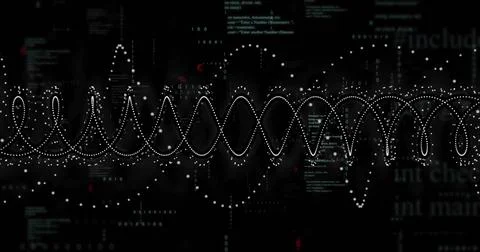 Displaying white dotted waveform oscillating across console with binary bits and Stockfoto's