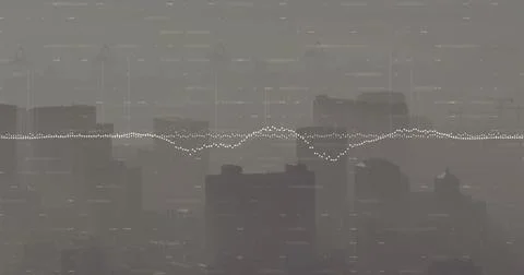 Displaying white dotted waveform overlaying hazy downtown skyline, showing 스톡 사진