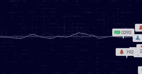 Displaying white dotted waveform running across dark navy UI, with notificati Stock Illustration