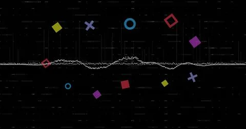 Displaying white dotted waveform running across digital canvas, with colorful Stock Illustration