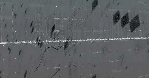 Displaying white dotted waveform spanning dashboard, with numeric clusters, Stock Illustration