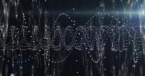 Displaying white dotted waveform structure in virtual space, with cascading dots Stock Photos