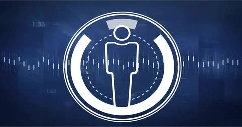 Displaying white emblem with human figure within concentric rings on blue Stock Illustration