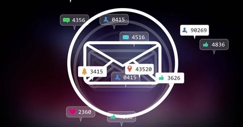 Displaying white envelope icon inside concentric circles on dark backdrop with Stock Photos
