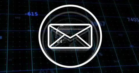Displaying white envelope icon pulsing within digital dashboard interface, with Stock Photos