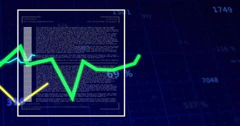 Displaying white framed data panel left on dark-blue grid, with neon green and Stock Illustration