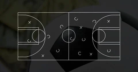 Displaying white full-court schematic over dark pentagon on light-gray disc on Stock Illustration