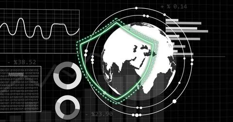 Displaying white globe centered on grid dashboard, overlaying neon green shield Stock Illustration