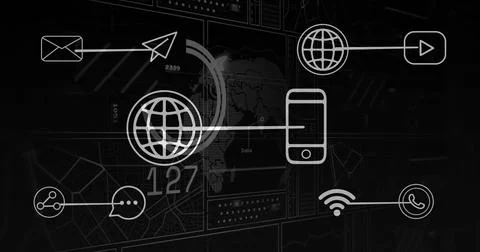 Displaying white globe icon connecting envelope, smartphone, chat bubble, Wi-Fi Stock Photos