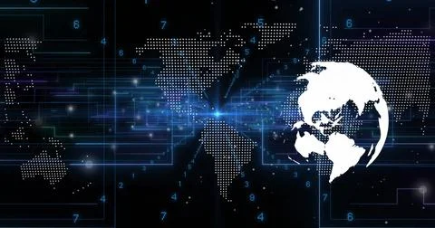 Displaying white globe overlapping dotted world map with blue circuit beams and Illustrazione stock